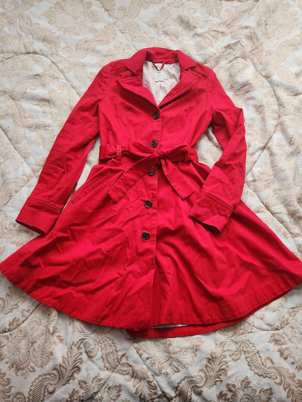 Anthropologie Elevenses Red Trench Coat Corset Back size US 0